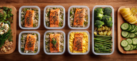 Top-down view of meal prep containers on a wooden countertop, featuring balanced sports meals with salmon, rice, broccoli, and fresh vegetables, ideal for healthy eating and fitness.の素材