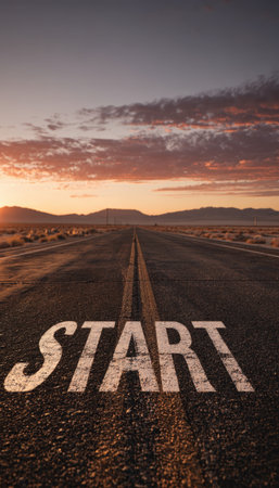 A cinematic view of a desert road with a "START" sign, stretching towards an endless horizon. The warm sunset colors create an emotional and symbolic atmosphere.の素材