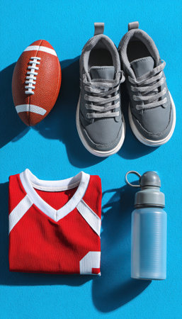 Flat lay of children's sports gear including sneakers, a water bottle, mini football, and jersey on a vibrant blue background, showcasing essentials for young athletes.の素材