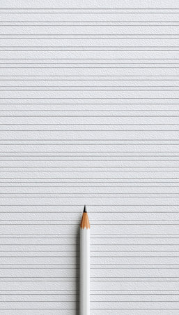 Monochrome minimalist wallpaper featuring a lined paper texture with a single pencil at the bottom. Ideal for a clean and neutral school or office design aesthetic.の素材