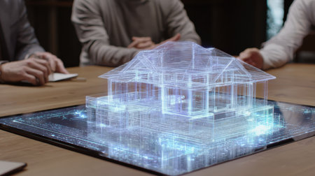 A futuristic holographic house model is projected on a table, guided by an AI real estate assistant. This sci-fi realism scene showcases advanced technology in real estate.の素材