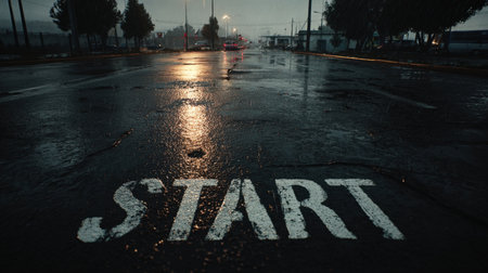 A cinematic scene of a rainy morning road with "START" painted on wet asphalt. The natural lighting and reflections create a reflective and moody atmosphere, enhancing realism.の素材