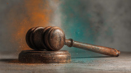 A realistic image of an old wooden gavel set against a light gradient inspired by the Indian flag, symbolizing law and balance with cultural significance.の素材