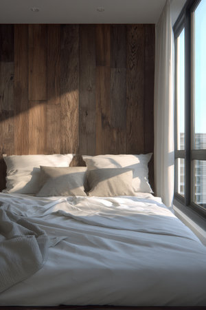 A minimalist urban apartment bedroom featuring a wooden wall texture, soft white linens, and neutral tones. The space is illuminated by balanced natural lighting, showcasing architectural realism.の素材