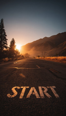Cinematic sunrise scene over a mountain road with "START" text visible. Warm golden tones create an adventurous, inspiring mood, perfect for themes of beginnings and journeys.の素材