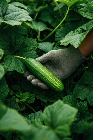 A gloved hand delicately lifts a cucumber from dense green foliage. The high-resolution macro image highlights the texture, ideal for food-related promotions and gardening themes.の素材