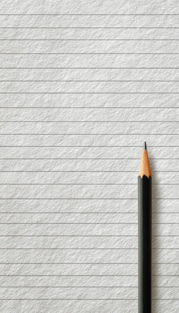 Monochrome minimalist wallpaper featuring a lined paper texture with a single pencil at the bottom. Ideal for a clean and neutral school or office design aesthetic.の素材