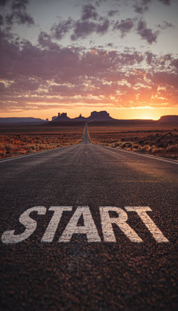 A cinematic view of a desert road with a "START" sign, stretching towards an endless horizon under warm sunset colors. The scene evokes emotional symbolism and a sense of new beginnings.の素材