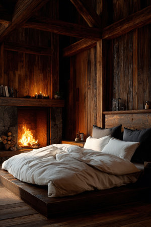 A rustic mountain lodge bedroom featuring wooden walls, white bedding, and a warm fireplace glow. The cozy ambiance and cinematic comfort create a serene and inviting atmosphere.の素材