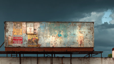 A large, weathered billboard with peeling posters stands against a moody sky, capturing gritty urban realism in the afternoon light. The scene evokes a sense of nostalgia and decay.の素材