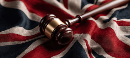 A minimalistic gavel rests on British flag fabric in a clean studio setting. The image captures a symbolic and artistic representation of law and justice in the UK.の素材