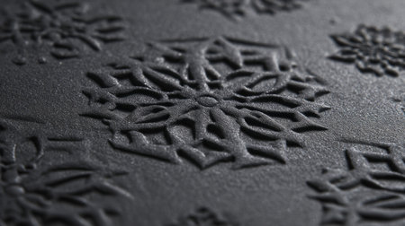 Elegant matte graphite poster featuring embossed snowflake tessellation. Highlighted by raking light, it offers a soft vignette and editorial whitespace for versatile branding.の素材