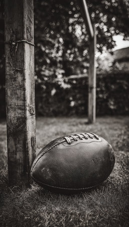 A classic black-and-white photograph featuring a retro-style leather football resting beside a wooden goalpost. The nostalgic film tone evokes a sense of timeless sports history.の素材