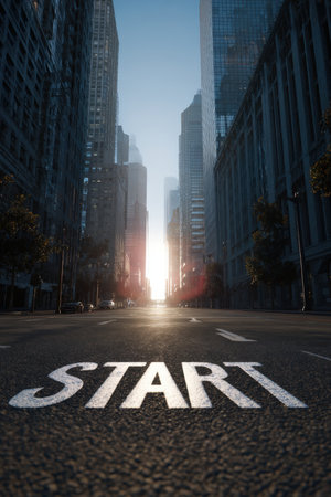 A modern city street features the word "START" painted on the road, with towering skyscrapers in the distance. Captured in morning light with lens flare, it evokes motivational urban realism.の素材