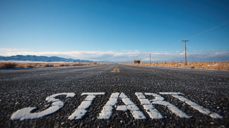 Wide-angle view of an open road with a prominent "START" marking in the foreground, set against a clear blue sky and distant horizon, evoking a sense of motivation and journey.の素材