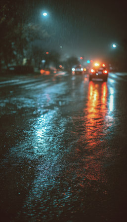 Cinematic scene of a car accident on a rainy evening. Reflections on the wet street create a dramatic atmosphere as police arrive in the distance, captured with a cool color palette.の素材