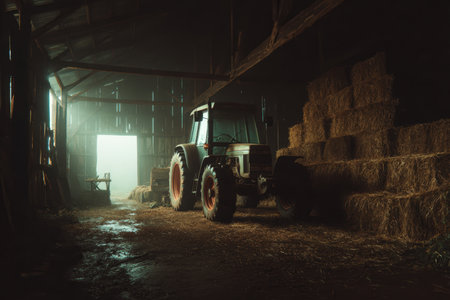 A farmer's tractor rests in a dimly lit barn with neatly stacked hay bales. Morning fog is visible through the doorway, creating a moody, rural documentary atmosphere.の素材
