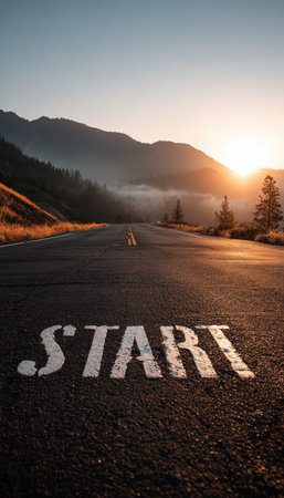 Cinematic image of a sunrise over a mountain road with "START" text visible. The scene captures an adventurous mood with warm golden tones and a serene landscape.の素材