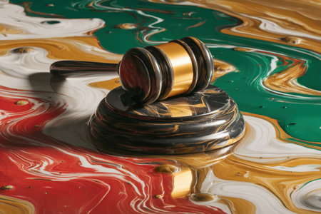 A gavel floats above a marble base, reflecting Italian flag colors in a glossy, surreal artistic composition. The image symbolizes justice and cultural identity.の素材