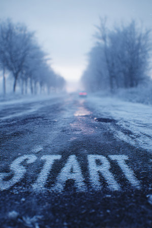 A cinematic winter scene featuring a snowy road with "START" visible under frost. Cold blue tones and soft light create a serene, realistic atmosphere.の素材