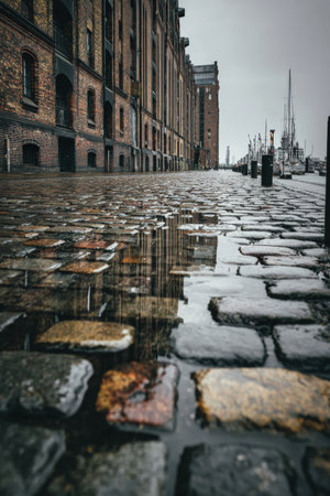 The German flag is reflected on wet cobblestones near historic port warehouses. The overcast lighting and industrial setting create a muted, cinematic atmosphere.の素材