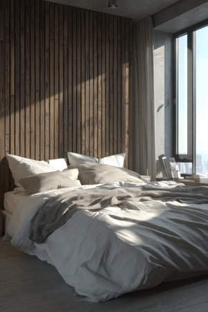 A minimalist urban apartment bedroom featuring a textured wooden wall, soft white linens, and neutral tones. The natural lighting enhances the architectural realism of the space.の素材