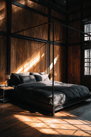 A luxury minimalist bedroom featuring a black frame bed against a wooden accent wall. Sunlight streams onto the floor, creating a cozy yet refined aesthetic in an architectural style.の素材