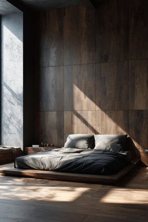 Elegant minimalist bedroom featuring a black frame bed and a wooden accent wall. Sunlight streams across the floor, creating a cozy yet refined atmosphere in an architectural style.の素材