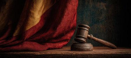 Artistic image of a rustic wooden gavel on a desk, partially obscured by a Spanish flag. The scene is set in soft, moody lighting, emphasizing minimal realism and texture.の素材