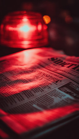A newspaper headline is illuminated by a red emergency light, creating a dramatic and tense atmosphere. The cinematic tone adds intensity to the scene, evoking urgency.の素材