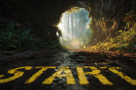 A forest tunnel illuminated by golden light, featuring a "START" marking on the ground. This image symbolizes adventure and nature's realism, evoking a sense of exploration.の素材