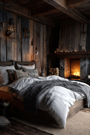 A rustic mountain lodge bedroom featuring wooden walls, white bedding, and a warm glow from a fireplace, creating a cozy and cinematic comfort mood.の素材