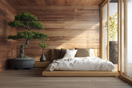 Serene Japanese-inspired minimalist bedroom featuring a bonsai on a bedside table, wooden walls, and soft zen lighting, creating a harmonious and calming atmosphere.の素材