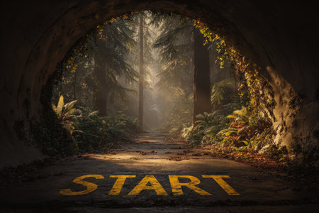 A forest tunnel illuminated by cinematic golden light with a "START" marking on the path, symbolizing adventure and exploration in a realistic natural setting.の素材