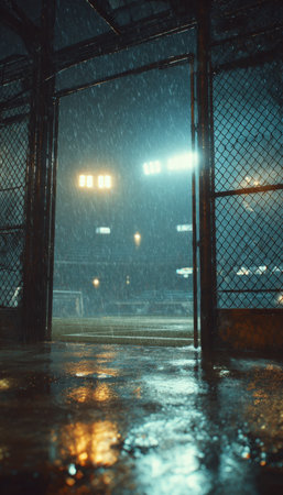 A surreal sports scene with rain pouring into an open-air cage, dramatic lighting, and puddles reflecting arena lights, creating a cinematic and atmospheric aesthetic.の素材