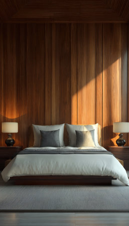 High-end designer bedroom featuring a wooden accent wall, white bedding, and symmetrical composition. The cinematic daylight tone enhances the modern realism of the space.の素材