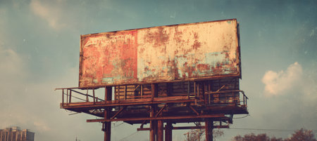 An old, weathered billboard with faded paper textures evokes a nostalgic 1970s city vibe. The cinematic tone enhances the vintage aesthetic, capturing a bygone era's essence.の素材