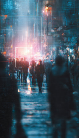 Moody city street scene with people viewed through an AI detection interface. Digital hologram overlays create a cyberpunk atmosphere with dramatic lighting effects.の素材