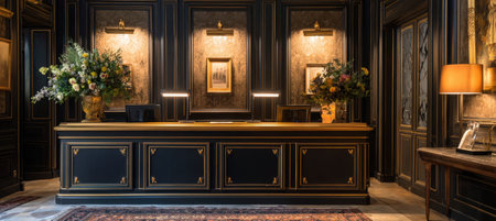A beautifully designed concierge desk in a Parisian boutique hotel, showcasing artistic European elegance with classic lighting, floral arrangements, and symmetrical decor.の素材