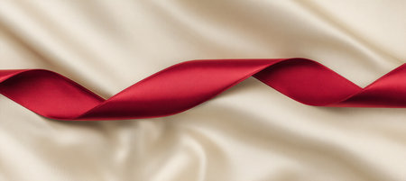 Ultra-wide banner featuring a diagonal red satin ribbon crossing a matte cream background. The refined sheen and broad right-side field are ideal for call-to-action placements.の素材