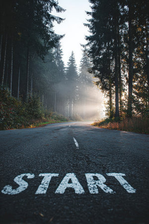 A peaceful forest-lined road with a START sign painted on the asphalt, captured on a serene summer morning. The natural light and tranquil atmosphere create a positive mood.の素材