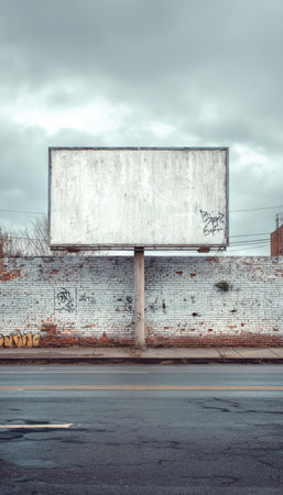 A blank billboard stands against an aged brick wall adorned with graffiti, captured in soft, cloudy daylight. The scene reflects urban street realism with a cinematic neutral tone.の素材