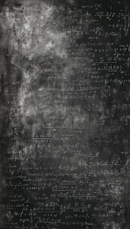 Vertical chalkboard-themed wallpaper featuring lightly visible math formulas and a subtle grunge texture, perfect for creating an academic or educational atmosphere.の素材