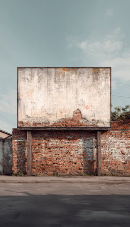 A blank billboard with graffiti marks stands against an aged brick wall in an urban street. Captured in soft, cloudy daylight, the scene exudes a cinematic, neutral tone.の素材