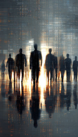 Conceptual artwork depicting human silhouettes blending into a digital matrix, symbolizing futuristic AI surveillance. The image evokes themes of technology and human integration.の素材