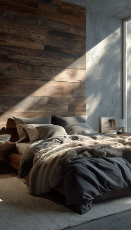 A serene Nordic-style bedroom featuring a wooden accent wall and plush bedding. Morning light streams softly, enhancing the minimalist design and creating a cozy, cinematic atmosphere.の素材