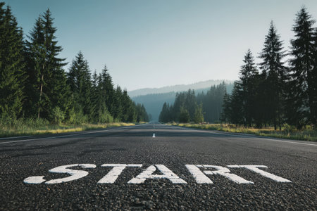 A long, empty road lined with lush green trees under a bright sunny sky. The word "START" is painted on the asphalt, symbolizing new beginnings and optimism.の素材