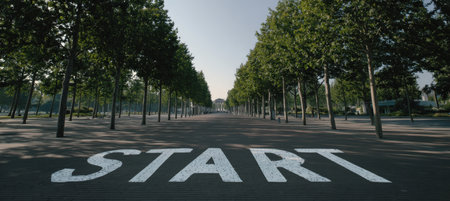 An empty urban parkway features large white "START" text on the pavement, with symmetrical tree alignment under calm daylight and a clear atmosphere.の素材