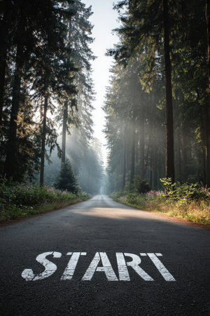 A peaceful forest road with a "START" sign painted on the asphalt, captured on a tranquil summer morning. Tall trees line the path, creating a serene and inviting atmosphere.の素材