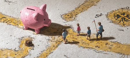 A family follows a treasure map leading to a piggy bank, symbolizing the journey of teaching children financial literacy. The image metaphorically represents guiding toward financial knowledge.の素材